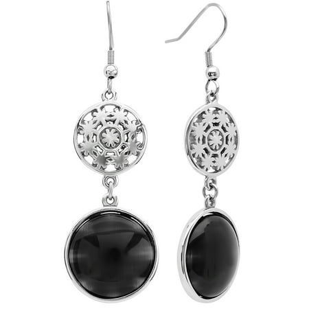 - Women's Stainless Steel and Black Glass Earrings