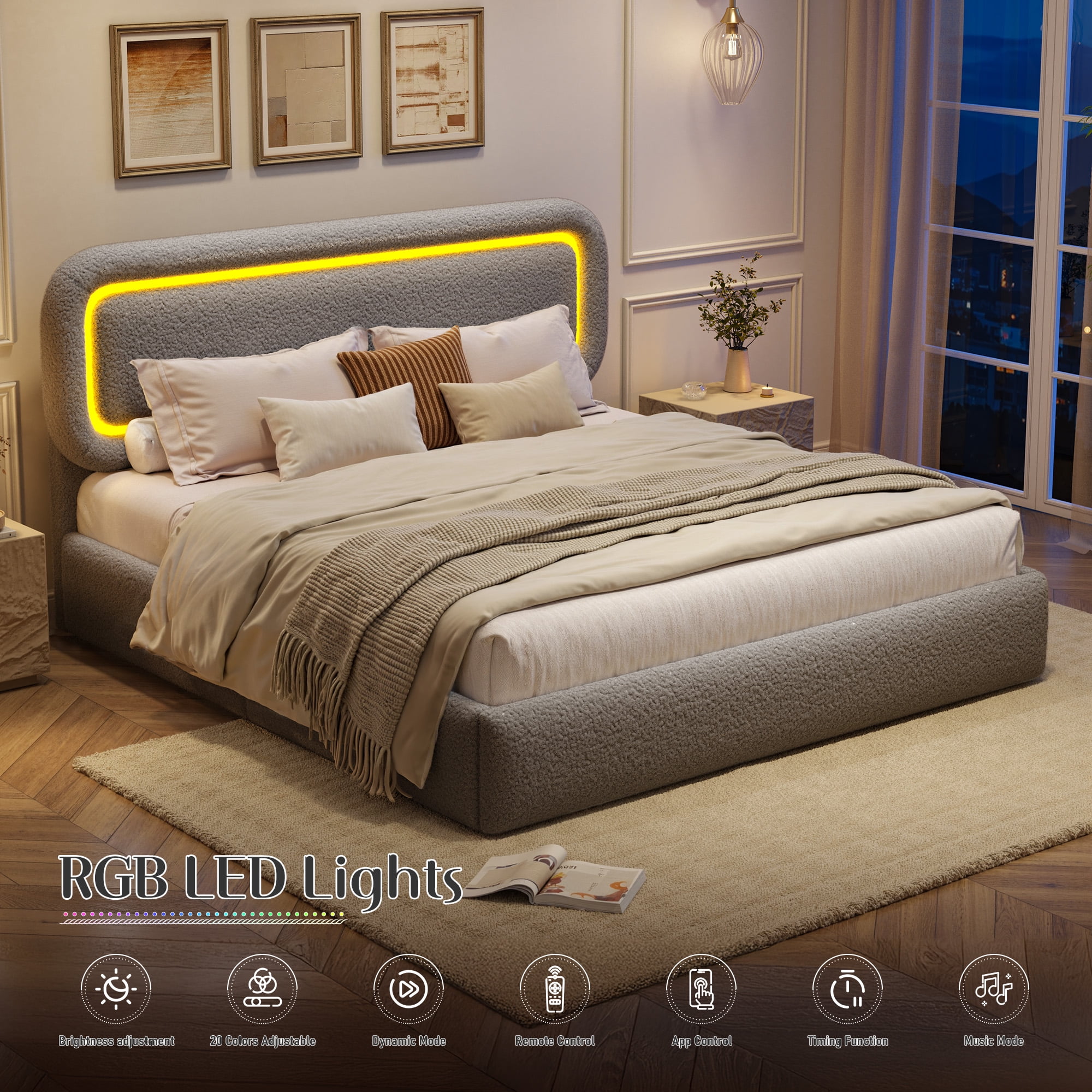 EnHomee Boucle Bed Frame with Rounded Corner Cloud Bed Frame with Headboard Upholstered Bed Frame Queen Size ,Gray