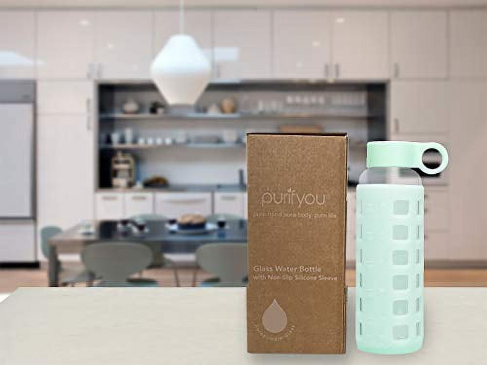 purifyou Glass Water Bottle with Ultra-Soft Silicone Sleeve & Stainless Steel Lid Insert (Set of 2 Glow in The Dark, 32 oz)