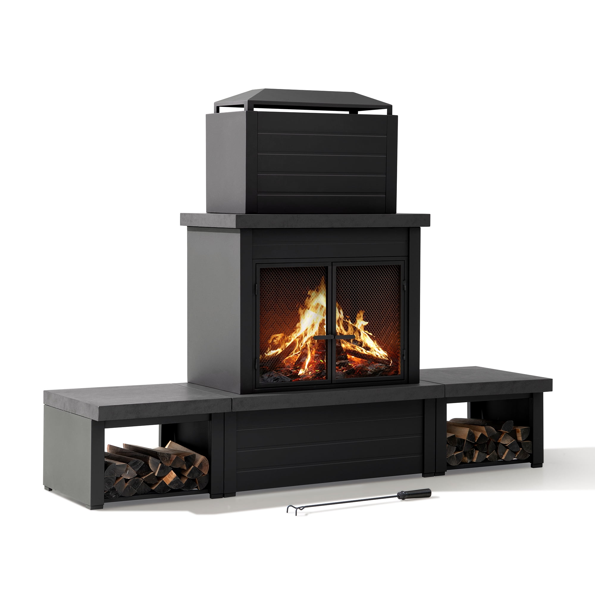 Sunjoy Outdoor Wood Burning Fireplace ,Steel Metal Fire Pit with Wood Storage and Chimney, Fireplace with Mesh Spark Screen Door & Fire Poker, for Patio Garden Deck Backyard