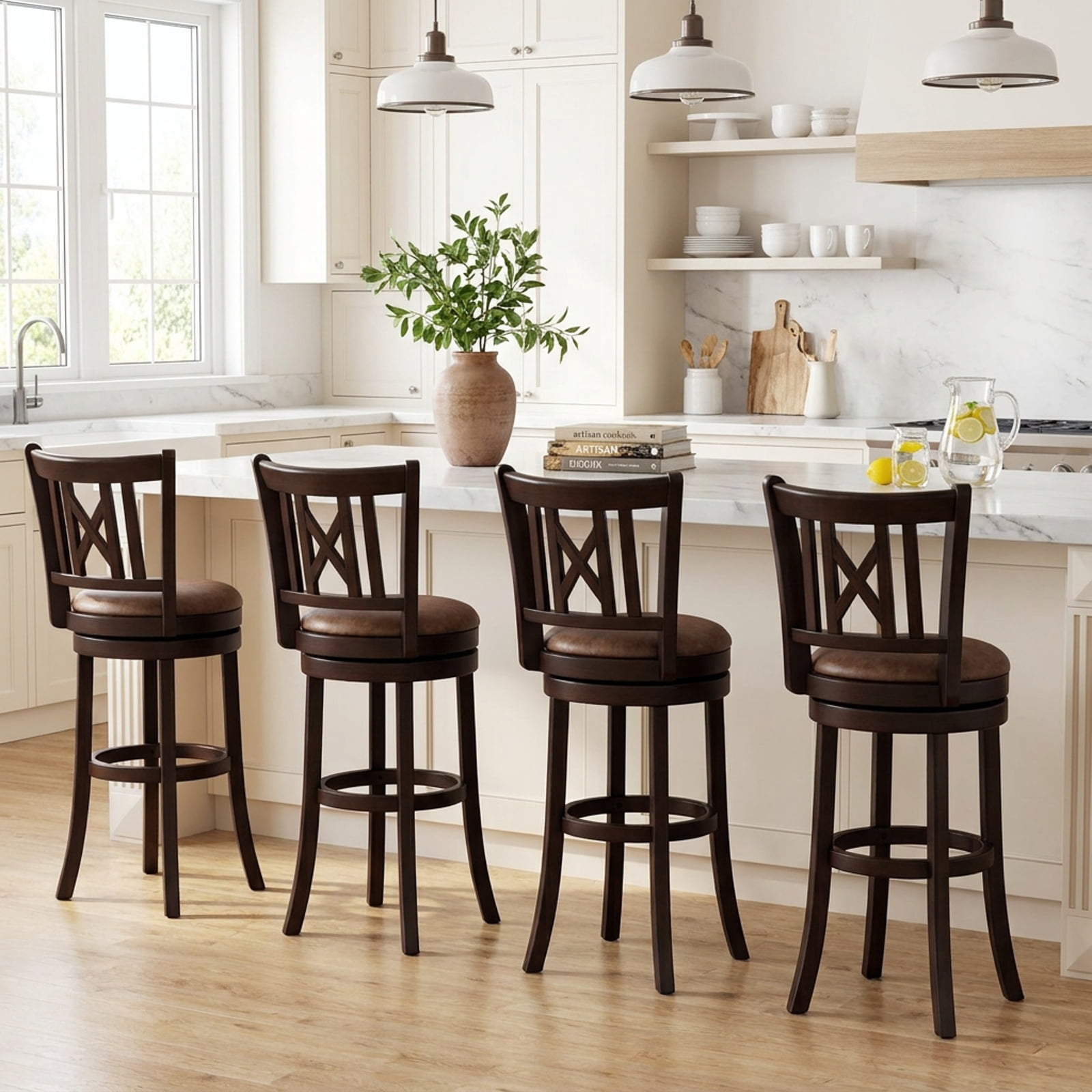 Furnibear Set of 2 Bar Stools Swivel Bar Chairs with Footrest and Hollowed Backrest-30 inches for Kitchen Island Counter Bar Pub Dining Home, Coffee