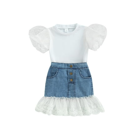 

Qtinghua Toddler Baby Girls Sumemr Clothes Short Sleeve Shirt Top Denim Skirt 2Pcs Summer Outfits White 3-4 Years