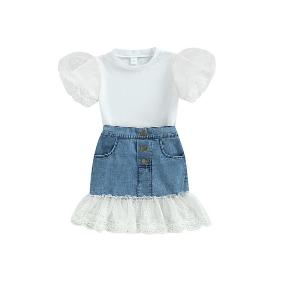 nvzhuang Girl Two Piece Set, Short Sleeve Dot Mesh Decor T-shirt Denim Lace Hem Elastic Skirt