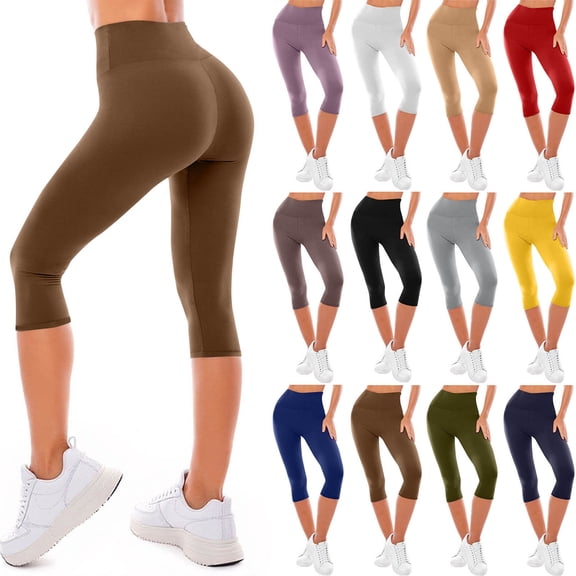 Vmvidoty Women Legging 3/4 Yoga Pants High Waisted Soft for Workout Gym Casual Sport Jegging Brown M