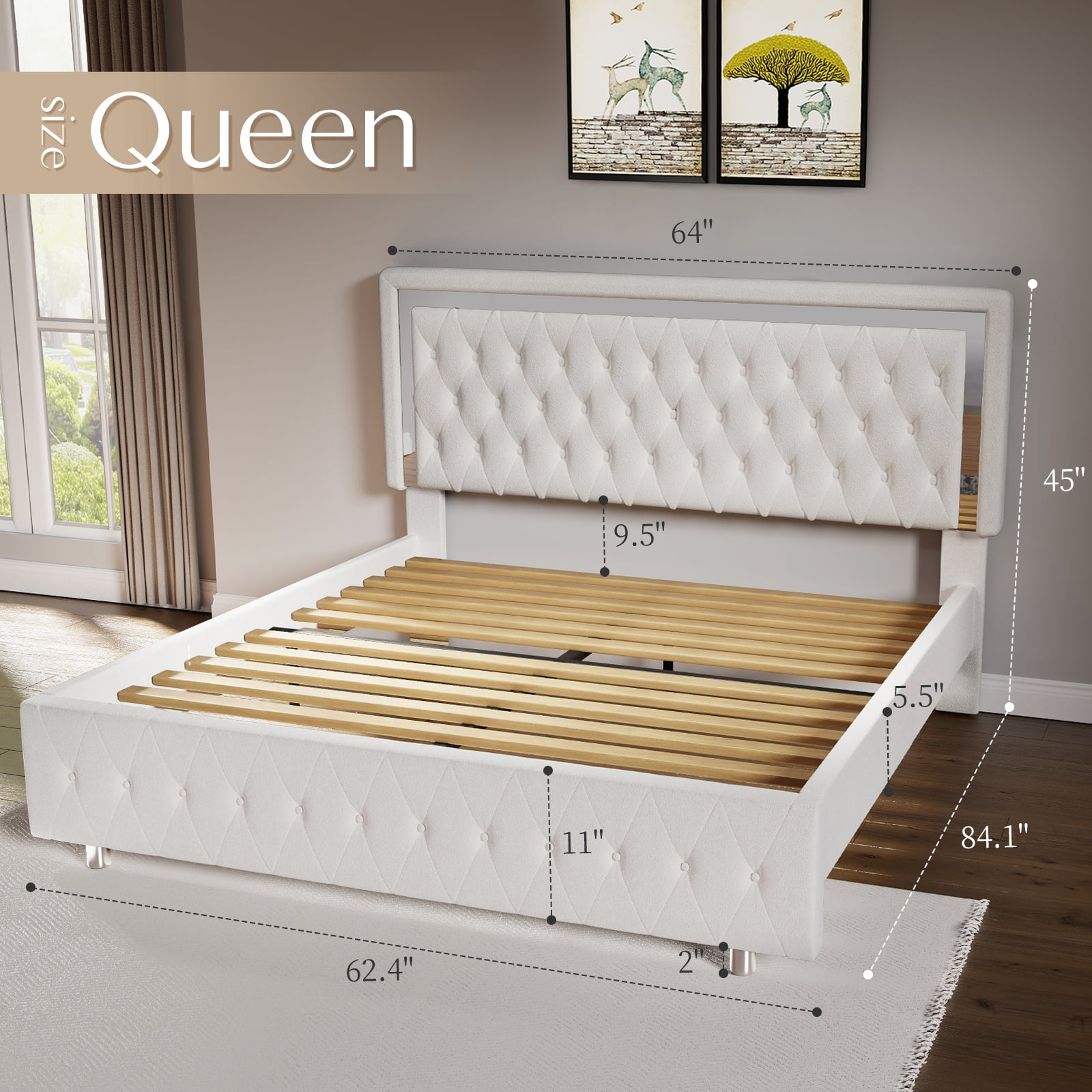 Merluxy Queen Bed Frame with Led Lights Headboard,Acrylic Mirror Accents,No Box Spring Needed,Velvet Cream