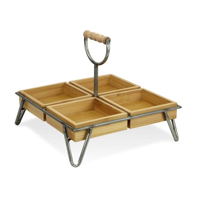 Cheungs 5318 Rangement Carré en Bambou avec 4 Assiettes et Support en Métal