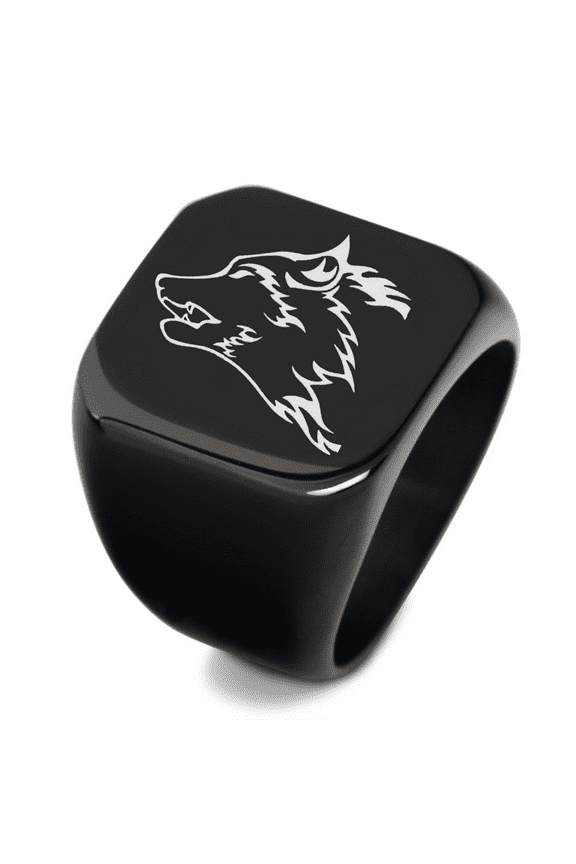 Viking Wolf Signet Ring for Men Women Size 11, Black Dainty Fenrir Wolf Head Monogram Finger Ring, Stainless Steel Biker Wolves Spirit Reminder Jewelry Wolf Fans Gifts for Him