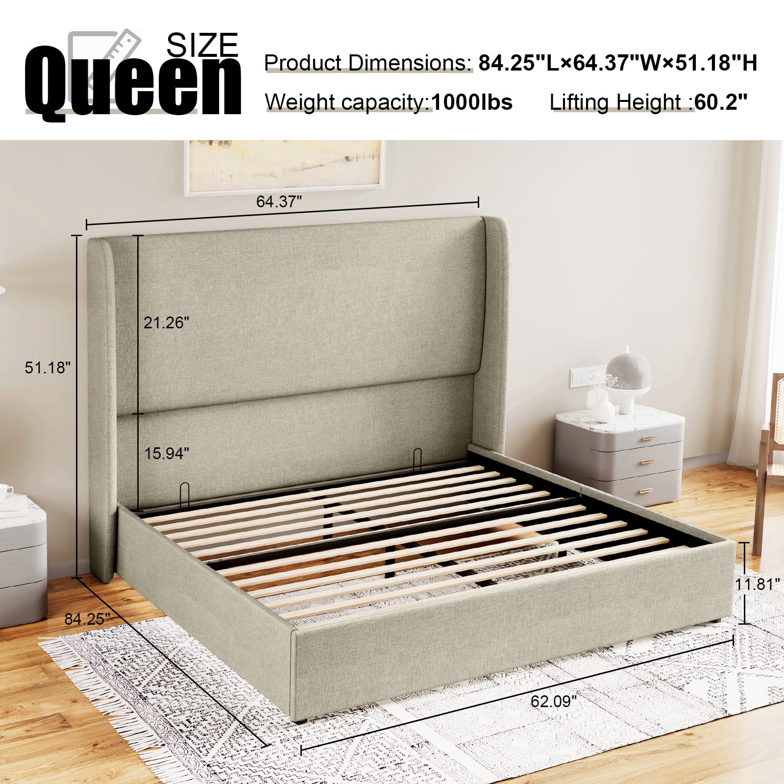 Merluxy Queen Bed Frame with Lift Up Storage and Linen Upholstered/Wingback Headboard/Khaki