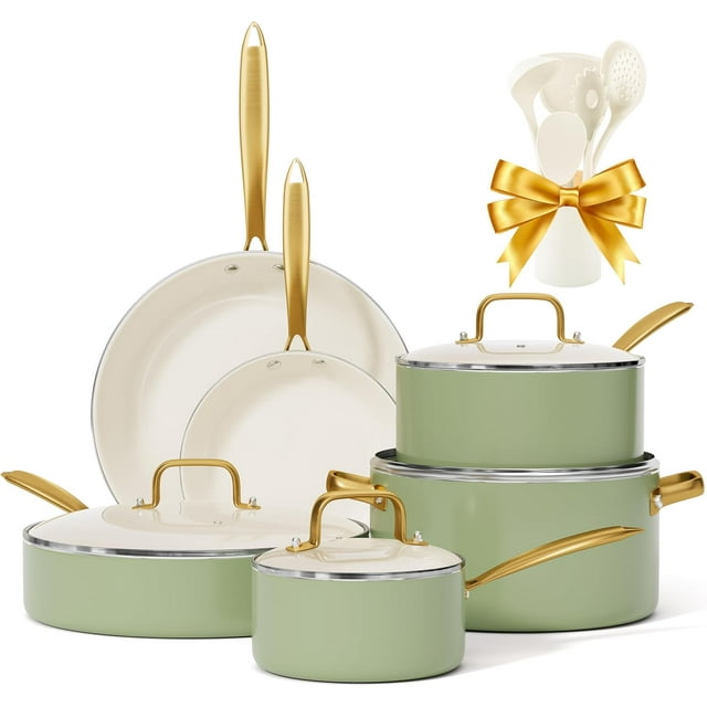 Pots and Pans Set Non Stick - Ceramic Cookware Set with Cooking Utensils Set, Non Toxic Kitchen Cookware Sets Dutch Oven Pot with Lid Saucepan Set Sauté Pan Frying Pan Set for Cooking Gifts
