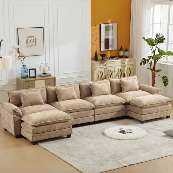 IPKIG 6-Seat Sectional Sofa w/ Ottoman, Modern Sleeper Couch for Living Room in Soft Chenille Fabric, Deep Seating Cloud Couch w/ Pillows (Khaki)