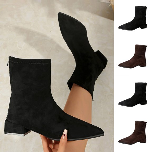 Women Pointed Toe Ankle Boots, Faux Suede Stretch Booties, Low Block Heel Back Zipper Slim Fit Fall Winter Dress Ankle Boots