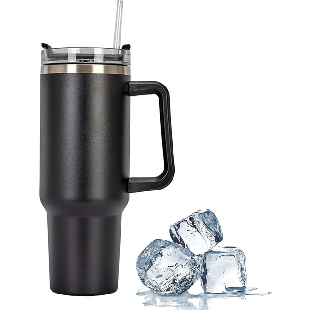 Tasse Isotherme 40OZ avec Poignée - Noir, Tasse à Café Isotherme avec Poignée et Paille en Acier Inoxydable, Tasse de Voyage à Double Isolation sous Vide avec Couvercle, Tasse Réutilisable