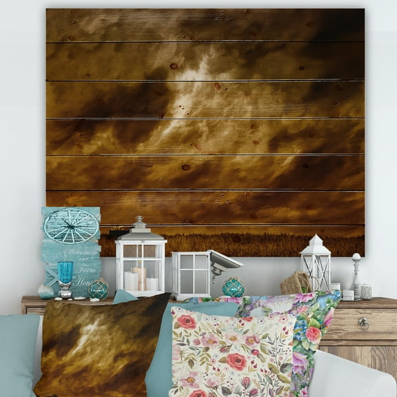 Designart 'Desert Farmhouse Under Cloudy Sky II' Farmhouse Print on Natural Pine Wood