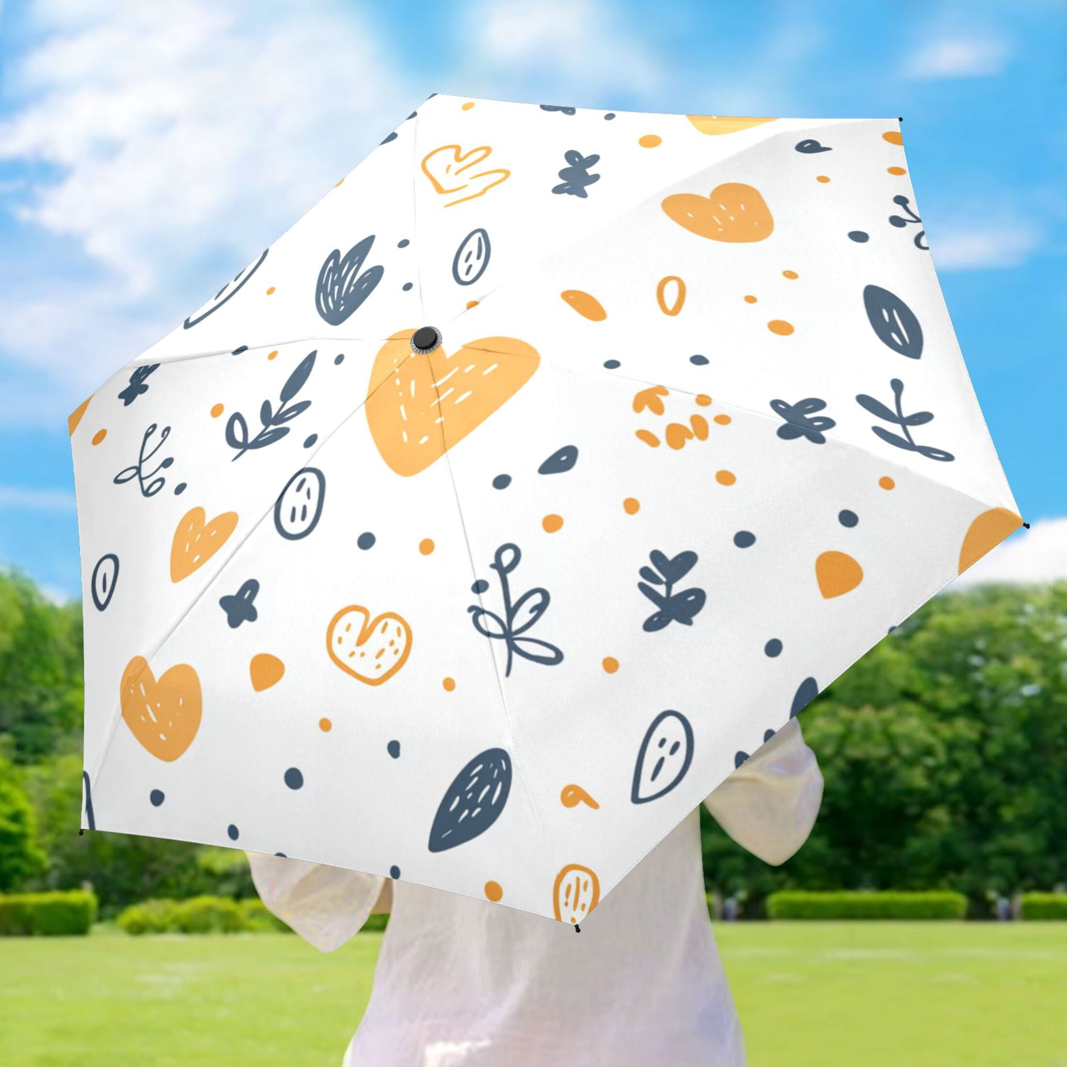 Heart and Leaf Pattern Umbrellas for Sun Auto Open Close UV50+ Waterproof 5-Fold Compact Fiberglass Frame