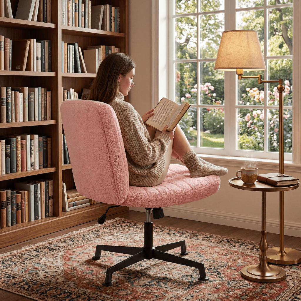 Armless Criss Cross Legged Office Chair, Desk Chair No Wheels, Teddy Fabric, Pink