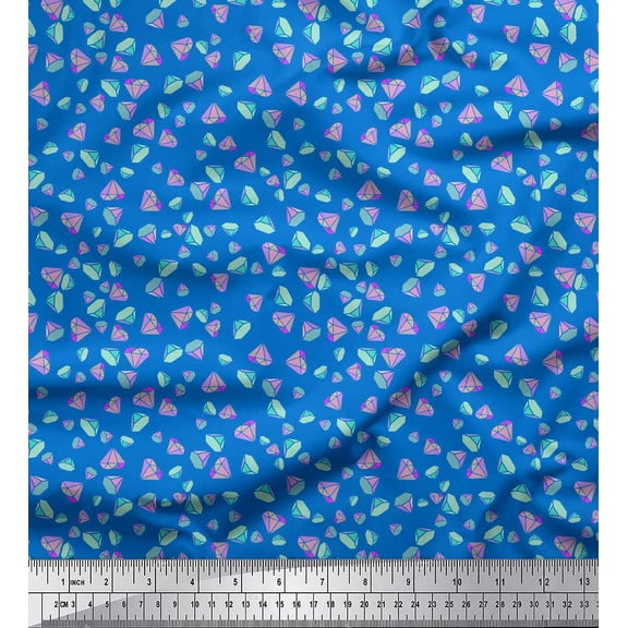 Soimoi Blue Silk Fabric Diamond Geometric Print Sewing Fabric Yard 42 Inch Wide