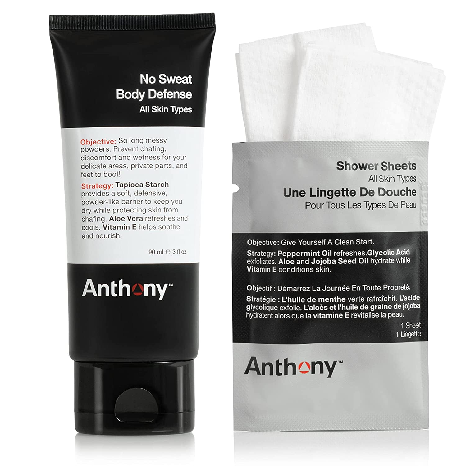 Anthony No Sweat Body Defense and Shower Sheet Bundle, Anti-Chafe Talc Free Cream To Powder Lotion, 3 Fl Oz, and 1 Shower Sheet, Lotion Contains, Aloe Vera, and Vitamin E, Protects Skin from Sweating