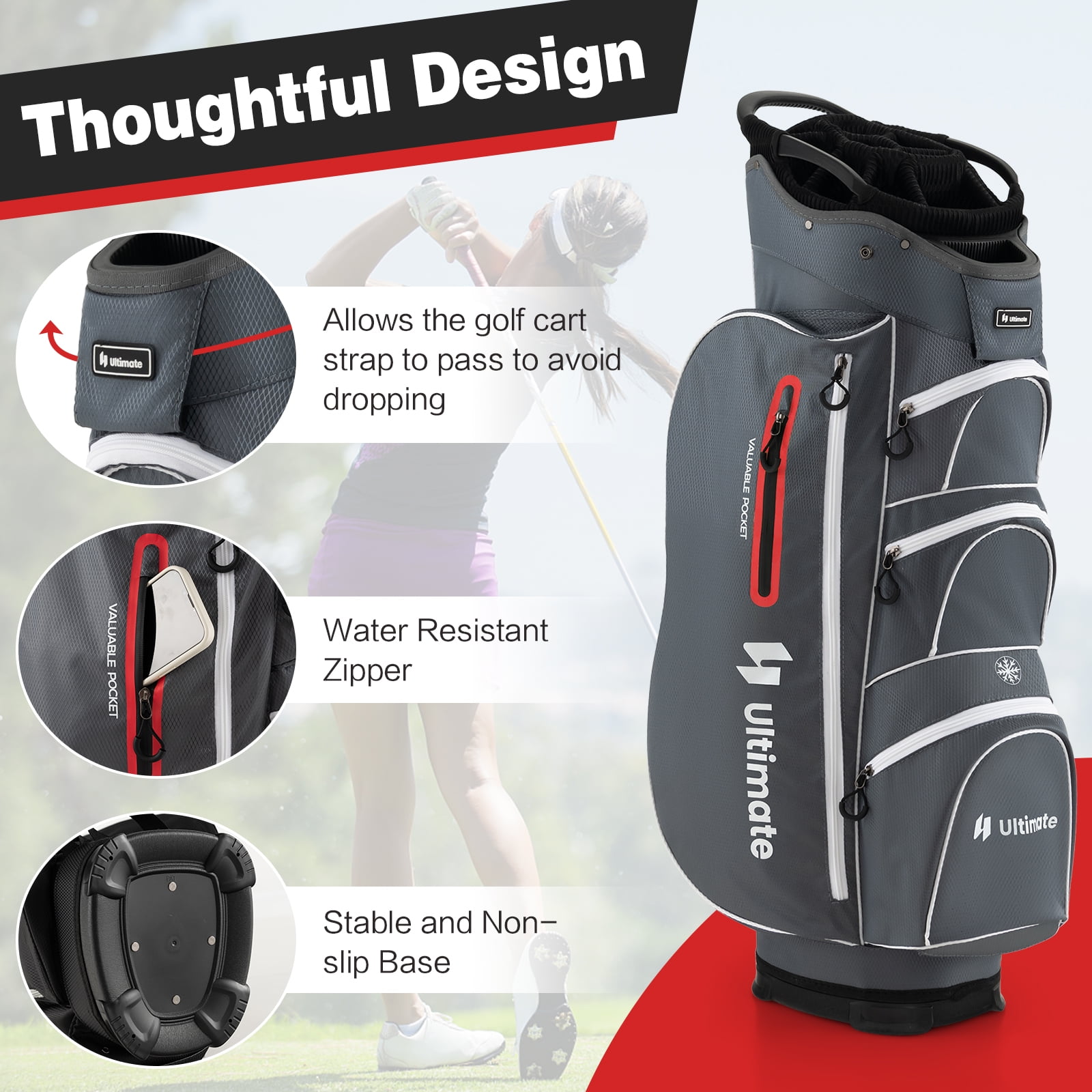 Topbuy 15-Way Golf Cart Bag Golf Club Bag with 15 Ways Organizer Divider Top 7 Zippered Pockets Cooler Bag Umbrella Holder Rain Hood Grey + Red