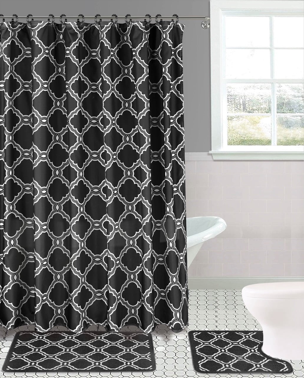 15-Piece Bathroom Set: 2-Rugs/Mats Non Slip, 1 Fabric Shower Curtain, With 12-Fabric Covered Rings, Different Styles and Colors For Home Bath Dcor Ryan Black