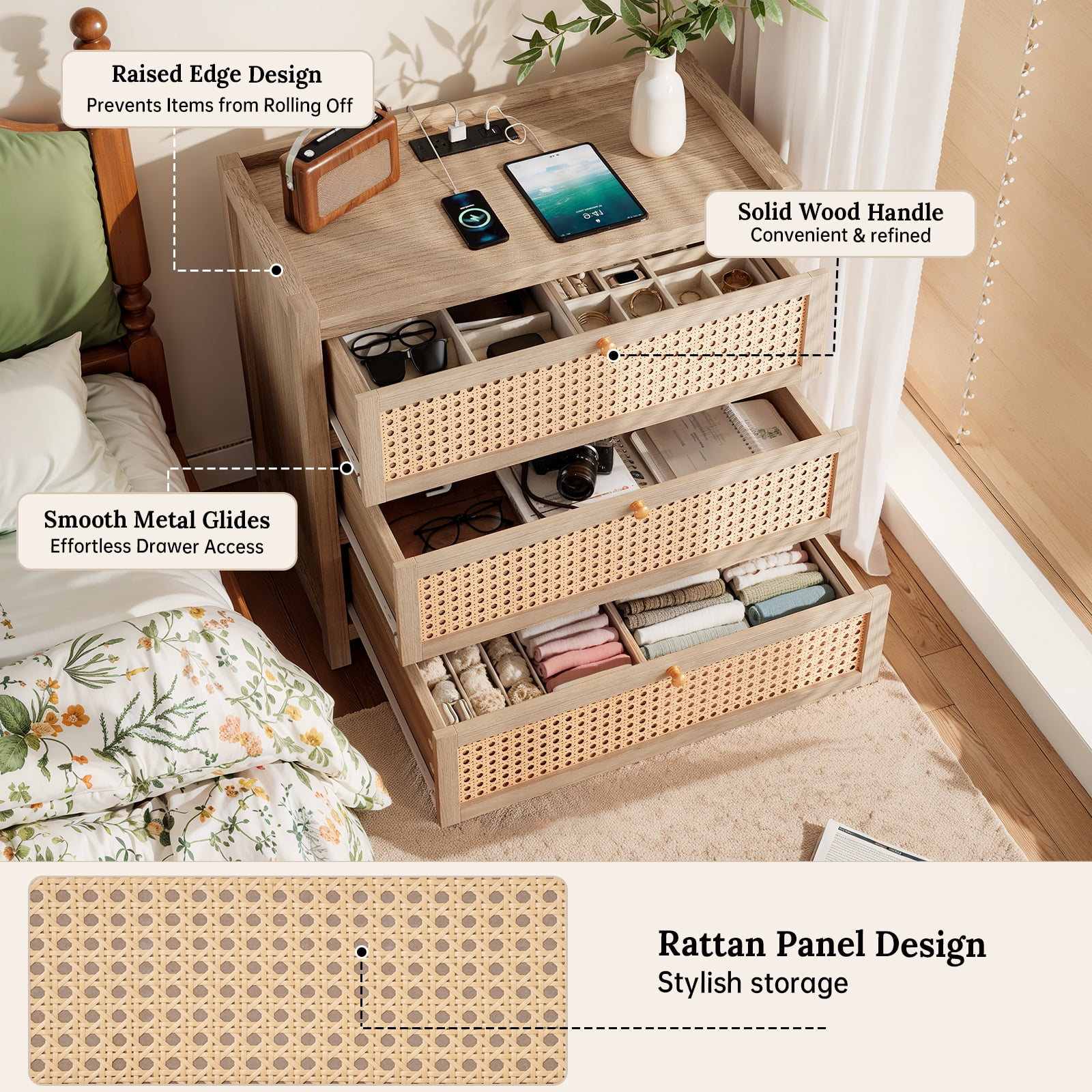 Holliwill 29.5"W Nightstand Set of 2 with Charging Station, 3 Drawers Dresser, Rattan Bedside Table Boho Bed Side Tables End Table with Type-C, USB Port for Bedroom, Natural Oak