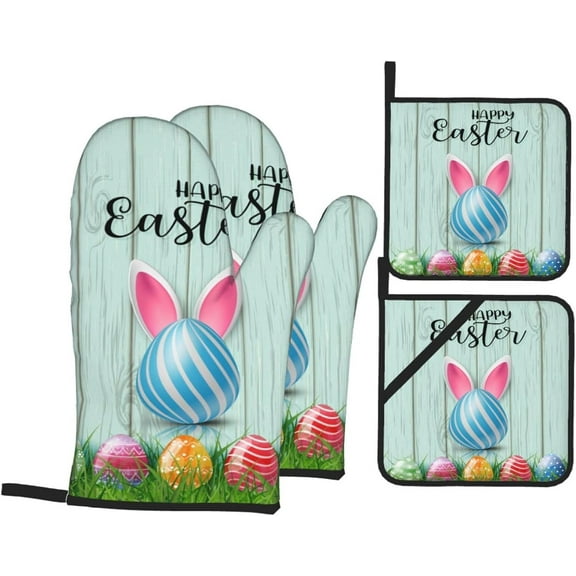Oven Mitts and Pot Holders Sets of 4, Funny Eggs Rabbit Ear Kitchen Gloves for Cooking Baking Easter Hot Pads BBQ Potholders