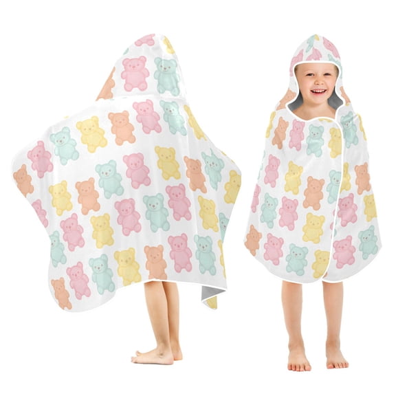 Yayeee Kids Hooded Towel with Hand Pockets Beach Soft Absorbent Bath Wrap 50 x 23.5 inch, Cute Gummy Bears Pattern