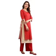 Round Neck Embellished Kurta Set - T-Red-Large
