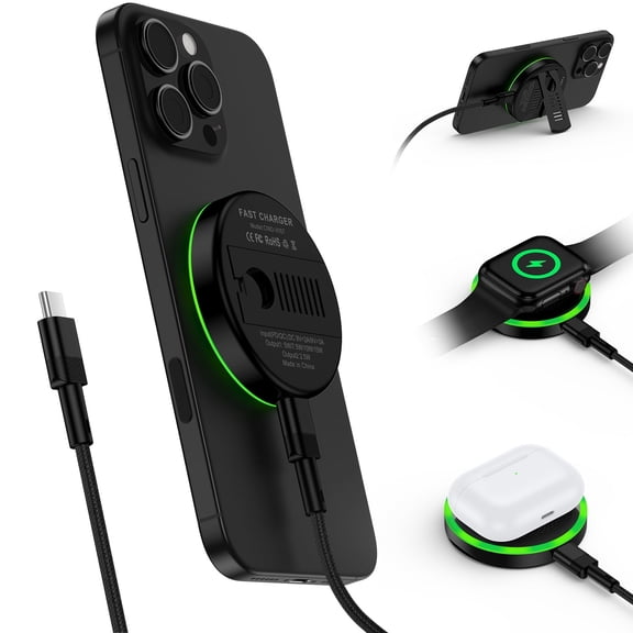 15W Magnetic Wireless Charger Pad,3in1 Travel iWatch Wireless Charging Station Mag-Safe Charger Stand Fast Charging Mat Wireless Holder Stand Dock Compatible for iWatch AirPods iPhone 16,FCC Approved