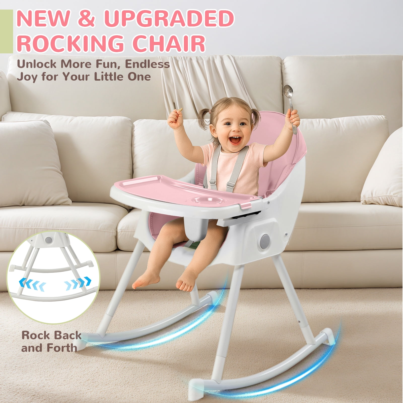 Ktaxon Baby High Chair, Convertible 6 in 1 High Chairs for Babies and Toddlers, Foldable Baby Highchair with 5-Point Safety Harness, Adjustable Dining Tray, Backrest & Height, Pink