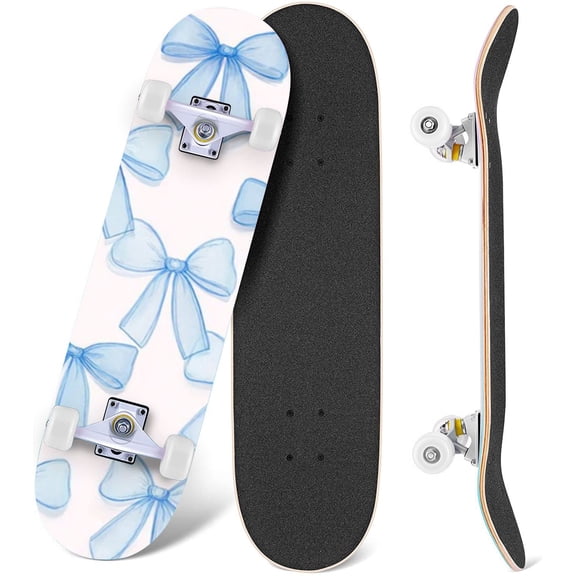 Delicate Blue Ribbon Bow White 31" x 8" Complete Skateboard, 7-Ply Canadian Maple Double Kick Trick Board for Kids and Beginners Adult Gifts