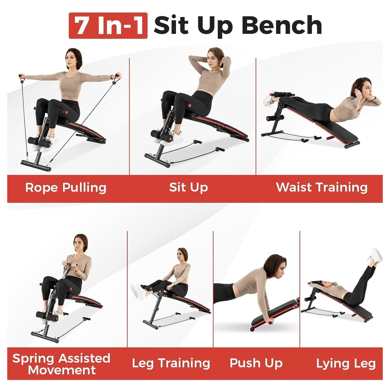 Sit Up Bench, 330lbs Folding Decline Workout Bench with Spring Handle, Elastic Ropes & 4 Level Adjustable Height, Incline Weight Bench for Situp, Ab , Strength Training Exercise for Home Gym