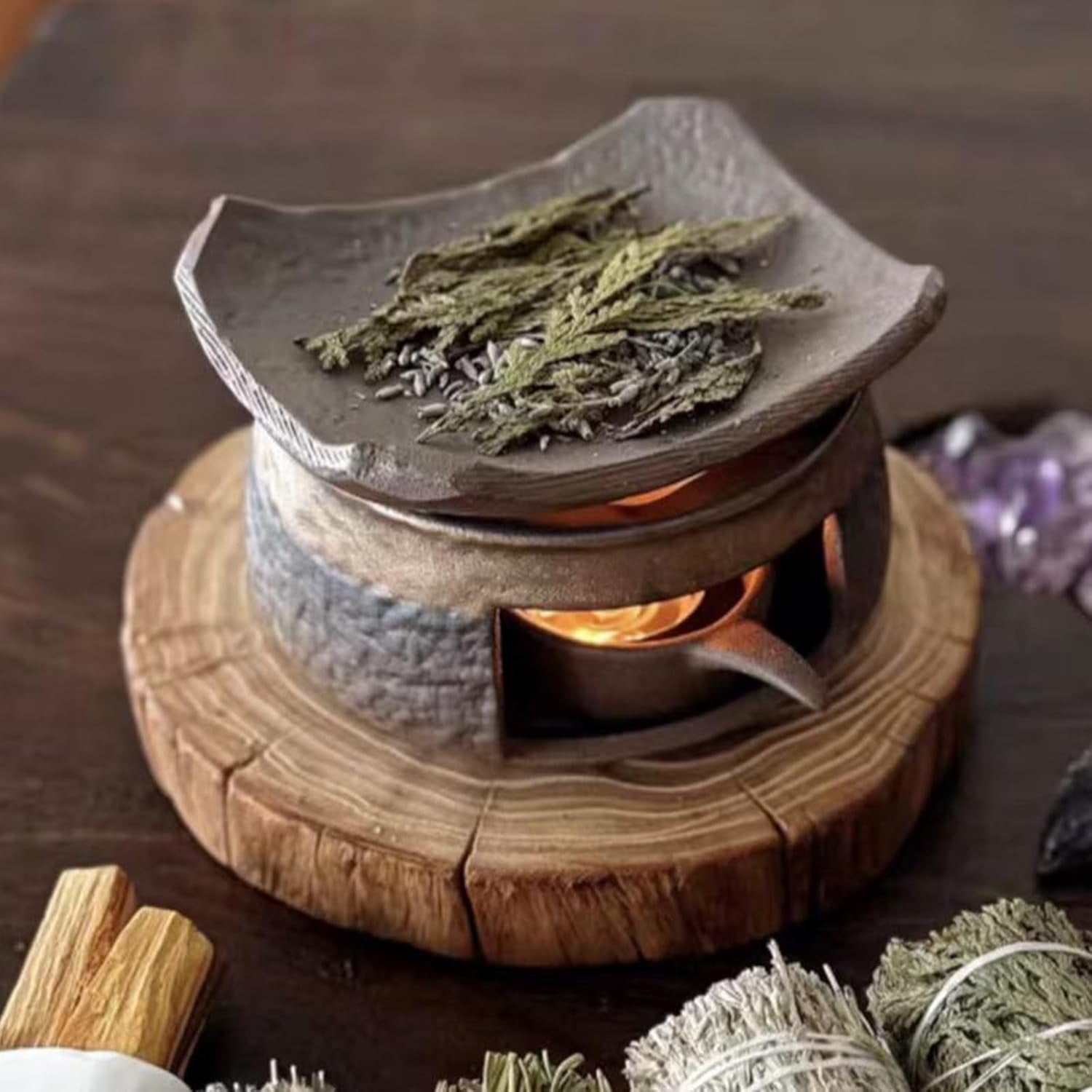 Ceramic Aromatherapy Stove Essential Oil, Cedar and Zen Aromatherapy Burner, Handmade Zen Incense Burner Kit, Tea Light Candle Holders Teapot Warmer for Home Office Meditation Relaxation(2 Set)
