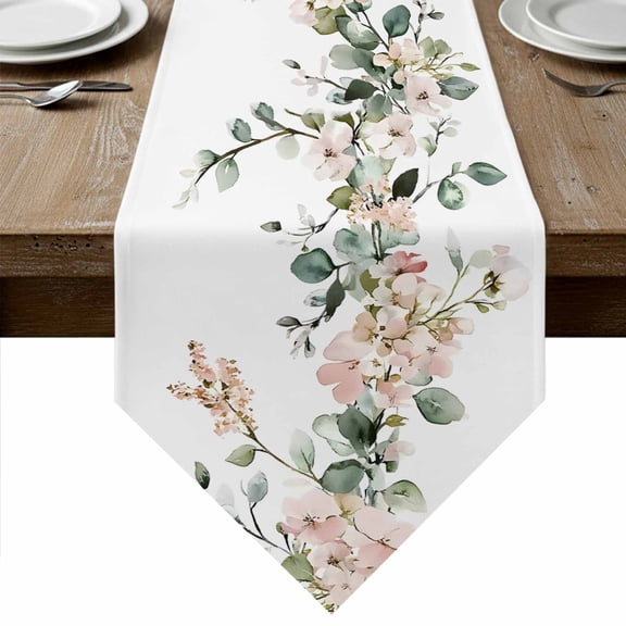 Eucalyptus Floral Table Runner Linen Burlap Table Runner 72 Inches Long Vintage Spring Botanical Leaves Dresser Scarves for Kitchen Island Coffee Dining Party Wedding Banquet Holiday Decor 14"x72"