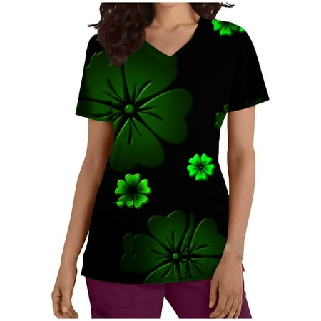 

Ozmmyan Womens Tops St Patricks Day Scrubs for Women s Fashion Short Sleeve V-Neck Tops Working Uniform Printing Pocket Blouse Tops