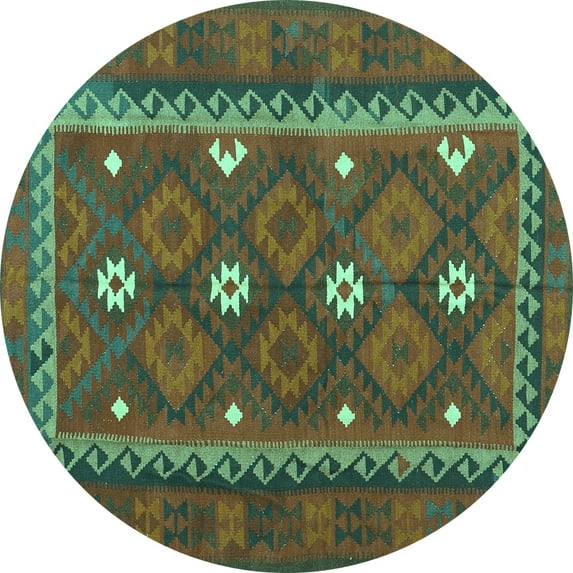 Ahgly Company Machine Washable Indoor Round Oriental Turquoise Blue Traditional Area Rugs, 6' Round