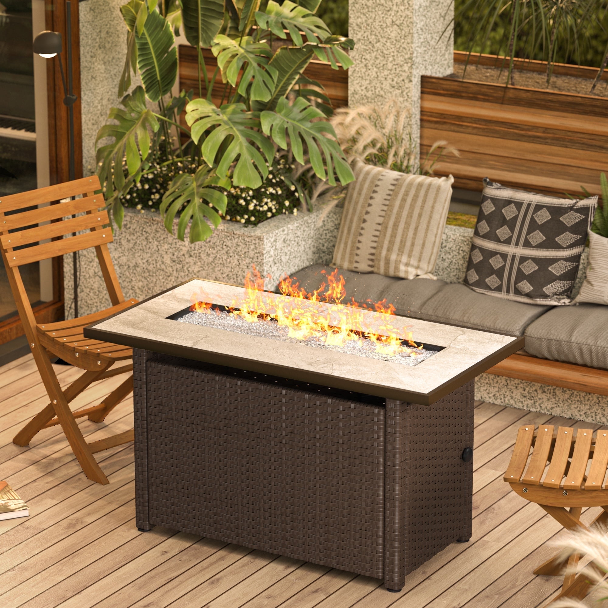 Propane Fire Pit Table with Waterproof Cover and Glass Rock, Lofka 45" Rattan 50000 BTU Gas Fire Pit with Lit for Outside, Brown