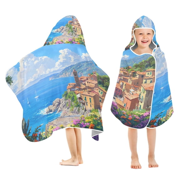 BZSMCE Towels Kids Hooded Beach Towel Colorful Coastal Village Painting Pool Bath Towel Soft