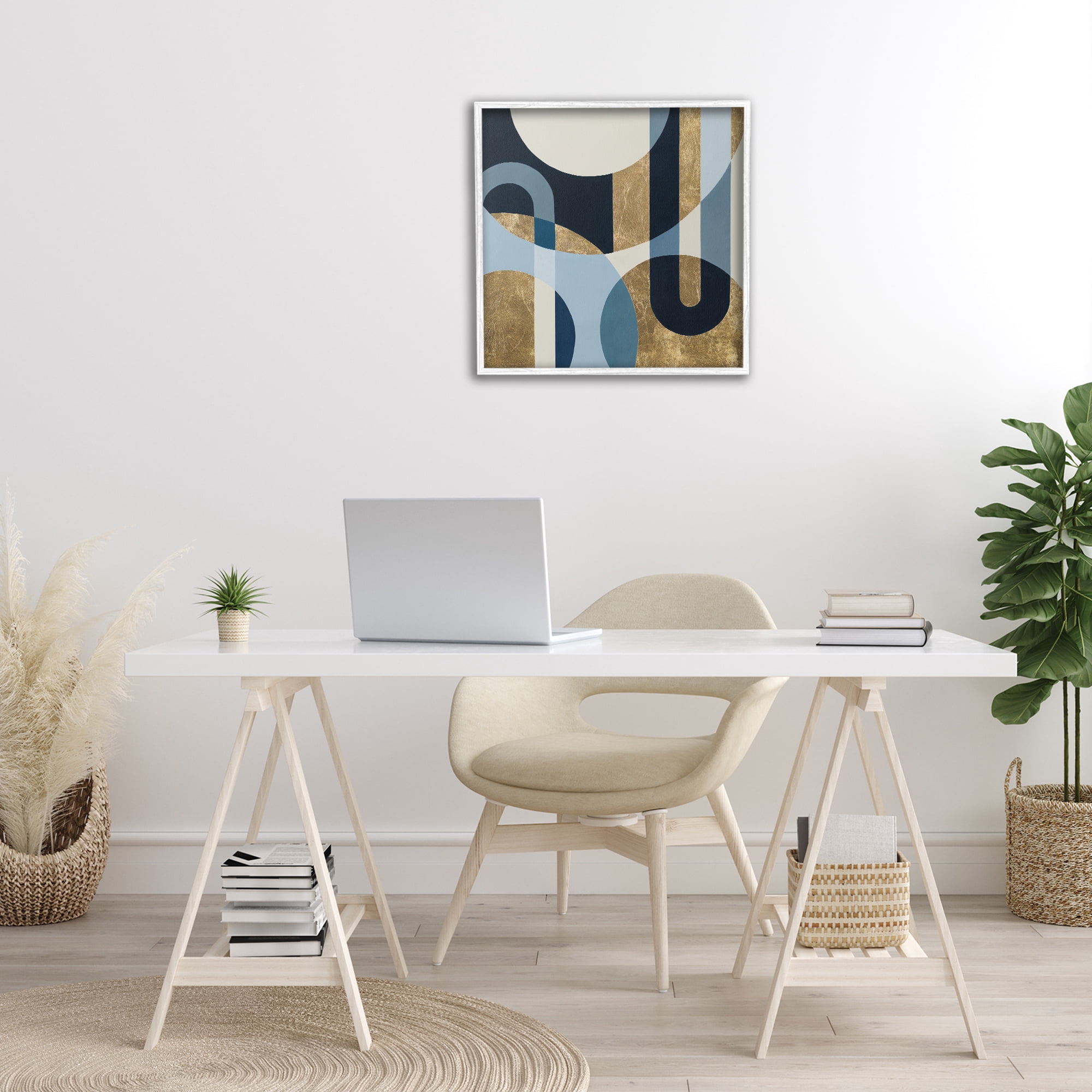 Stupell Industries Gold & Blue Circular Shapes Abstract Painting White Framed Art Print Wall Art, 24 x 24