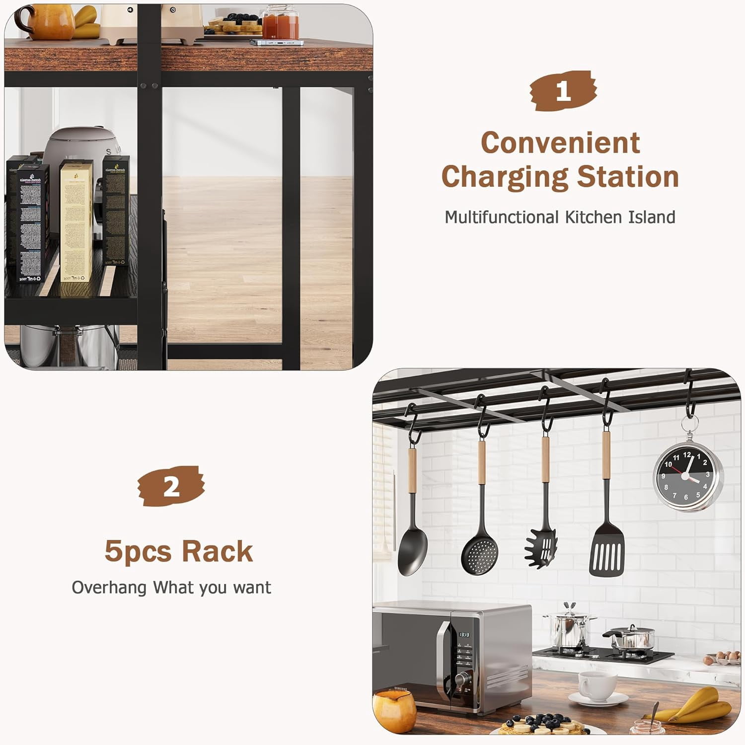 Trilenars 42inch Kitchen Island with Storage & Seating - 3-Tier Bakers Rack,Microwave Stand with 5 Hooks and 5 Rack,Multi-Function Island Table for Small Spaces,Retro color top plate