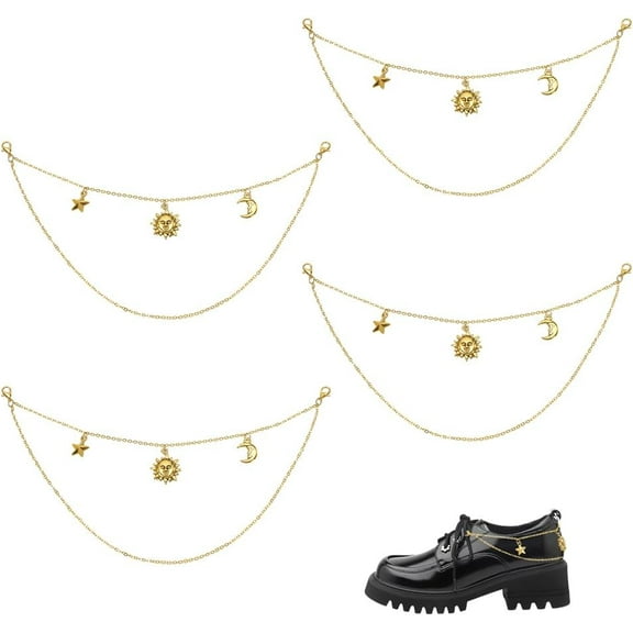 4pcs Shoe Chains Golden Double Boot Chain Sun Moon Star Pendants for Women Sock Strap Decorations Sparkling Decorative Chain for Sneakers Clog Sandal Casual Shoe Pant Jeans Bag Decor