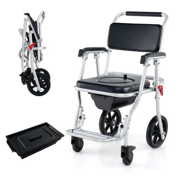 Costway 4-in-1 Bedside Commode Chair with Brakes, Bucket Footrest Padded Seat & Backrest