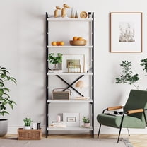 Sobaniilo 5 Tier Bookshelf, Free Standing Bookcase Organizer Farmhouse Kitchen Ladder Shelves Wooden Open Shelves Metal Frame for Living Room, Office (White)