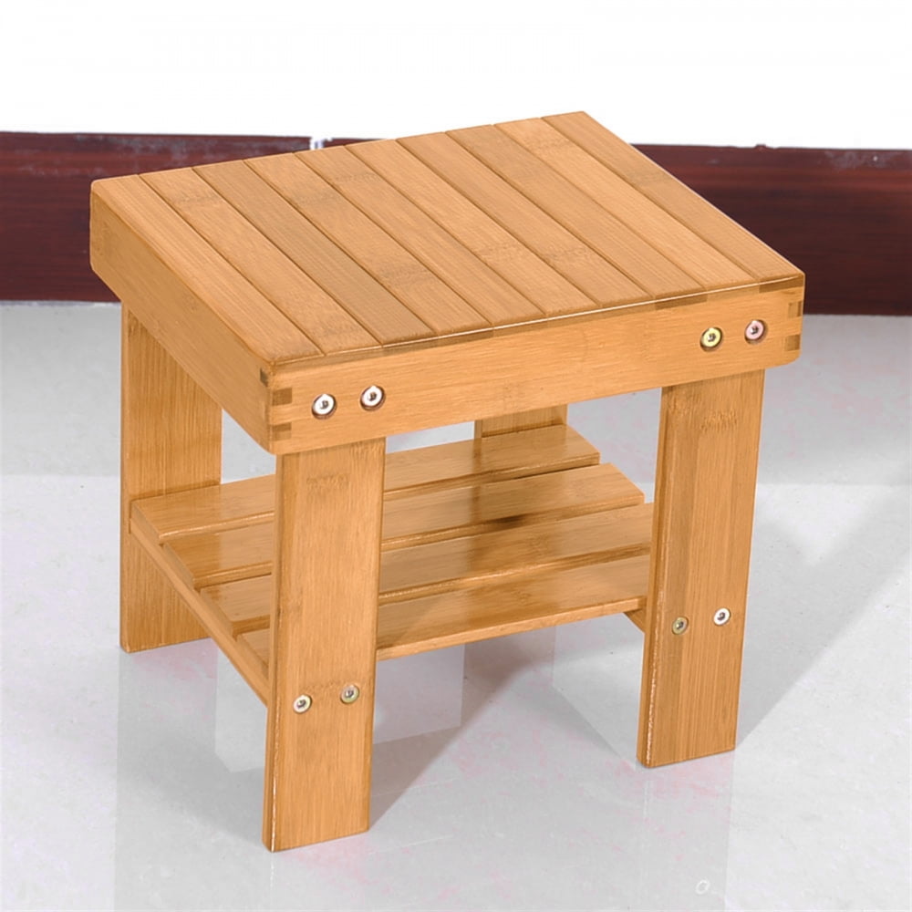 Kids Chair, Bamboo Wood Children Stool Chair with Bottom Shelf and Solid Legs, Small Square