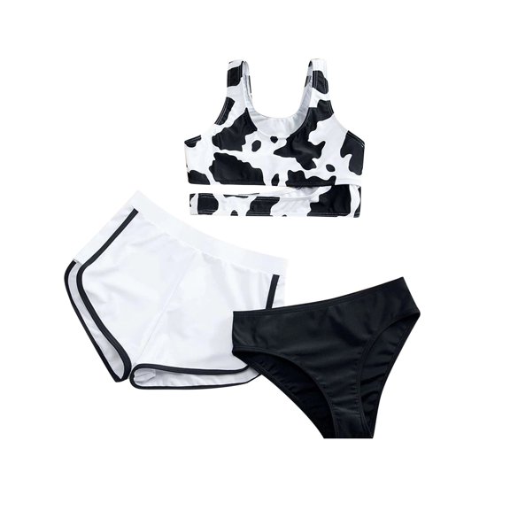 Hihipz Swimming Suit For Big Girls Cow Print Ruffled Three Piece Bikini Big Girl Beach Bathing Suit,Sizes 8-10