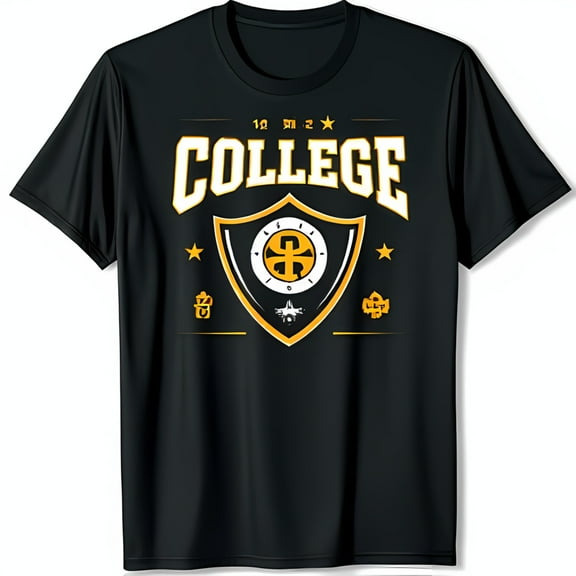 Stylish Black T-Shirt with Bold COLLEGE Graphic & Star Design