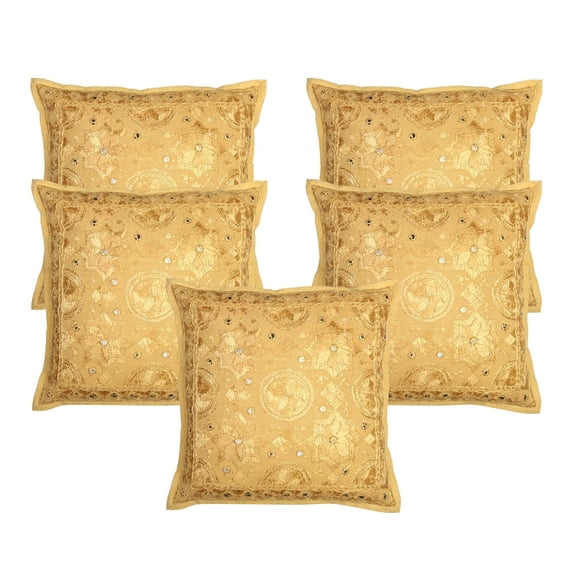 Stylo Culture Ethnic Chair Seat Throw Pillow Covers 16x16 Embroidered Ochre Yellow Hand Stitched 40 x 40 cm Bedroom Cotton Mirrored Square Cushion Covers | Set Of 5