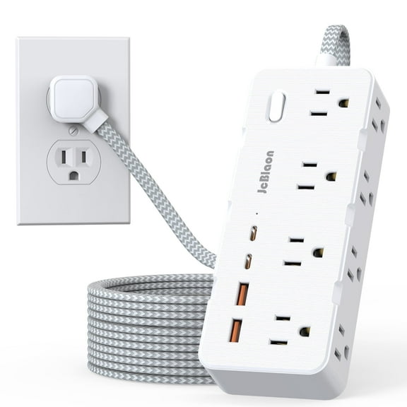 Power Strip Surge Protector, 5FT Braided Extension Cord with Multiple Outlets-8 AC Outlets 4 USB Ports (2 USB C), Flag Plug Charging Station, 1050 Joule Surge Protection for Home Office, White
