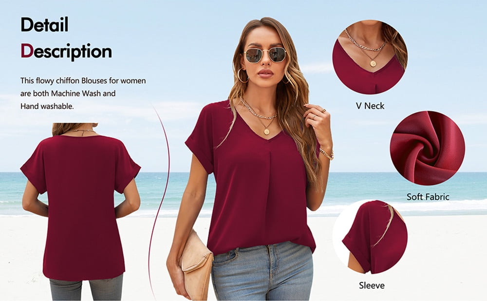 Summer Blouses for Women Elegant Casual V Neck Chiffon Blouses Tops Shirts,Flower Navy Red,S-2XL