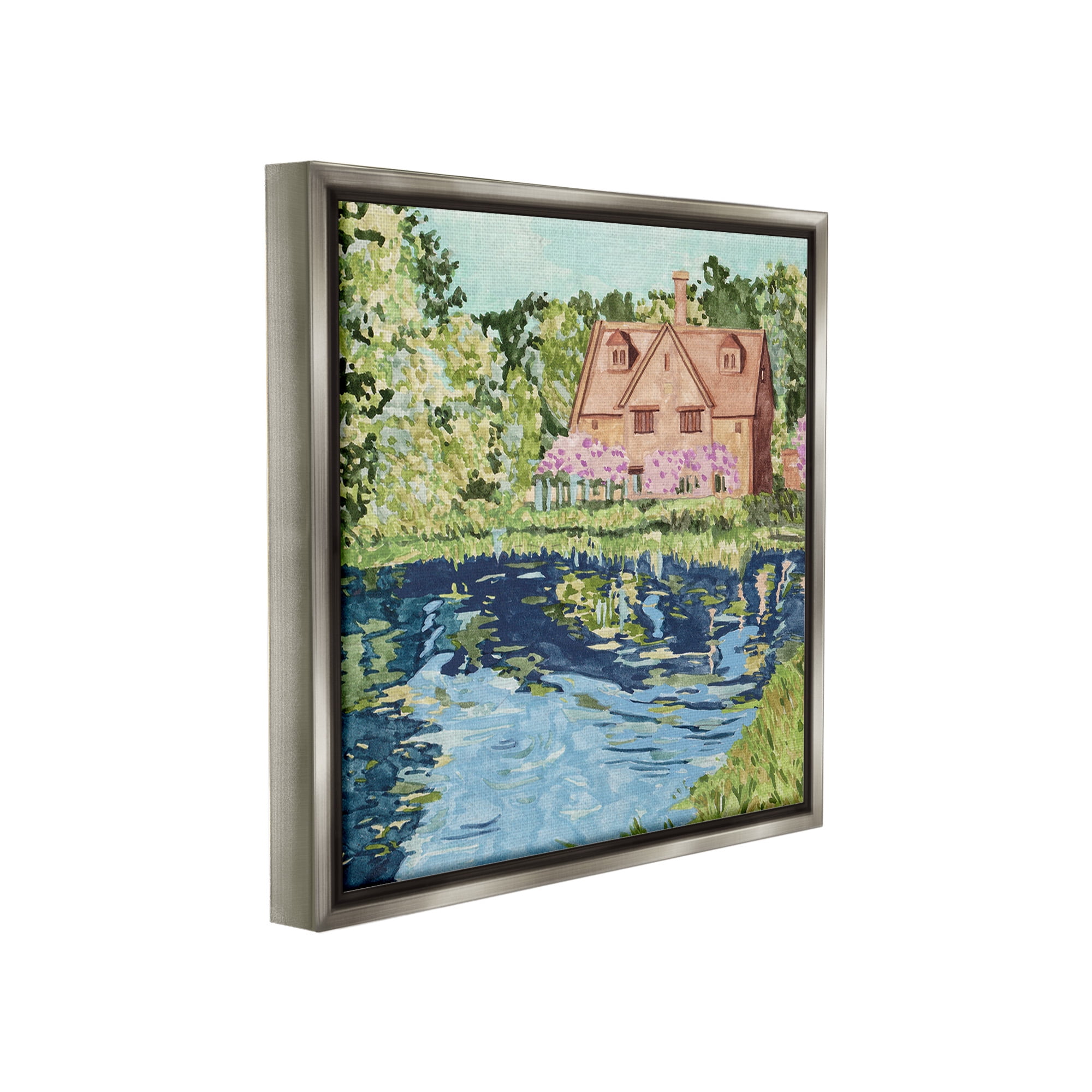 Stupell Industries Country Cottage & Pond Landscape Painting Gray Floater Framed Canvas Art Print Wall Art, 25 x 25