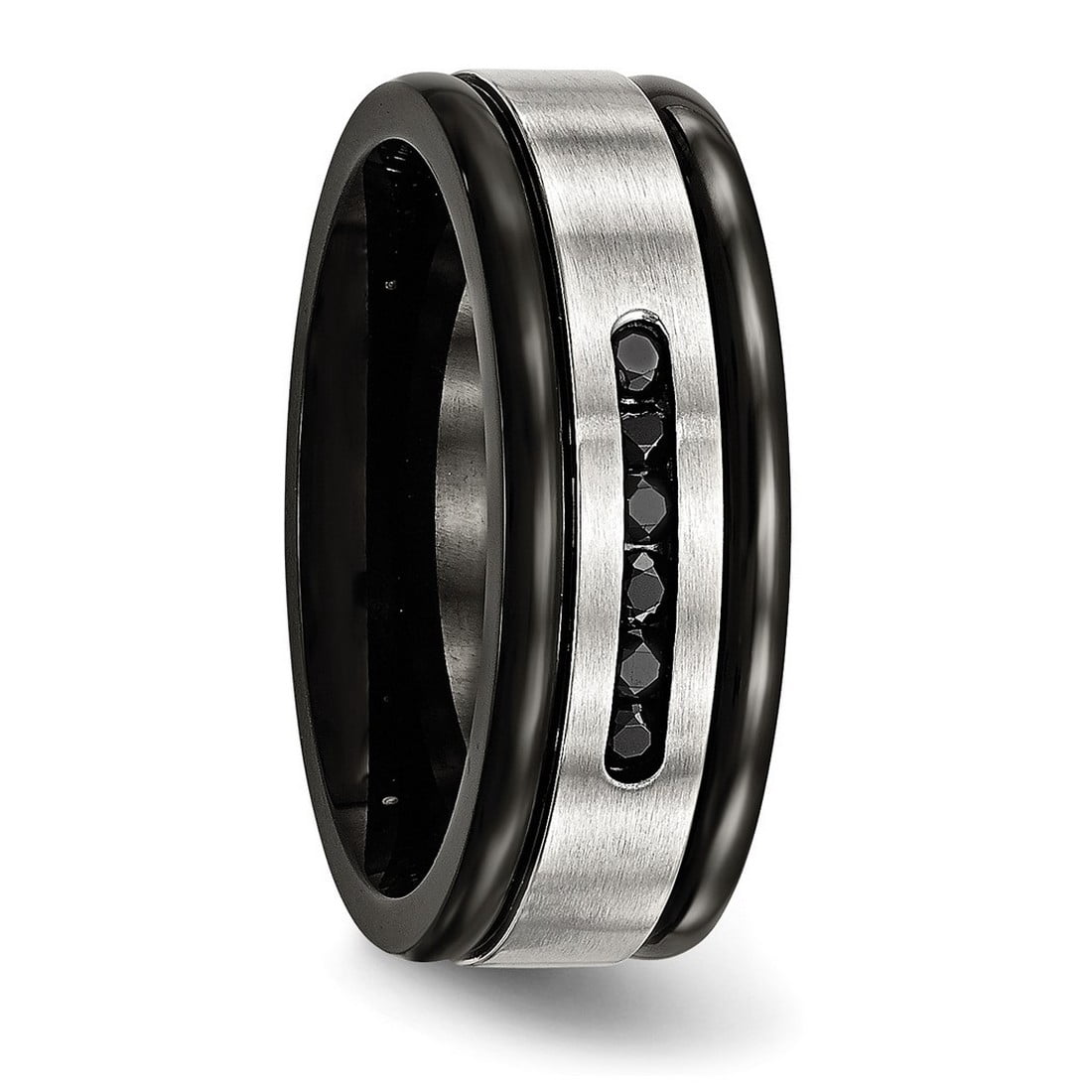 8mm Stainless Steel Brushed Polished Black Ip Grooved Blk Cubic Zirconia Ring Size 7 Ring for Women